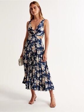 Abercrombie & Fitch Navy Floral Pleated V-Neck Maxi Dress w Cut Out Size:Large
